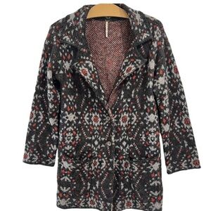 Free People Black Aztec Geo Print Long Cozy Jacket Wool Alpaca Blend Size XS